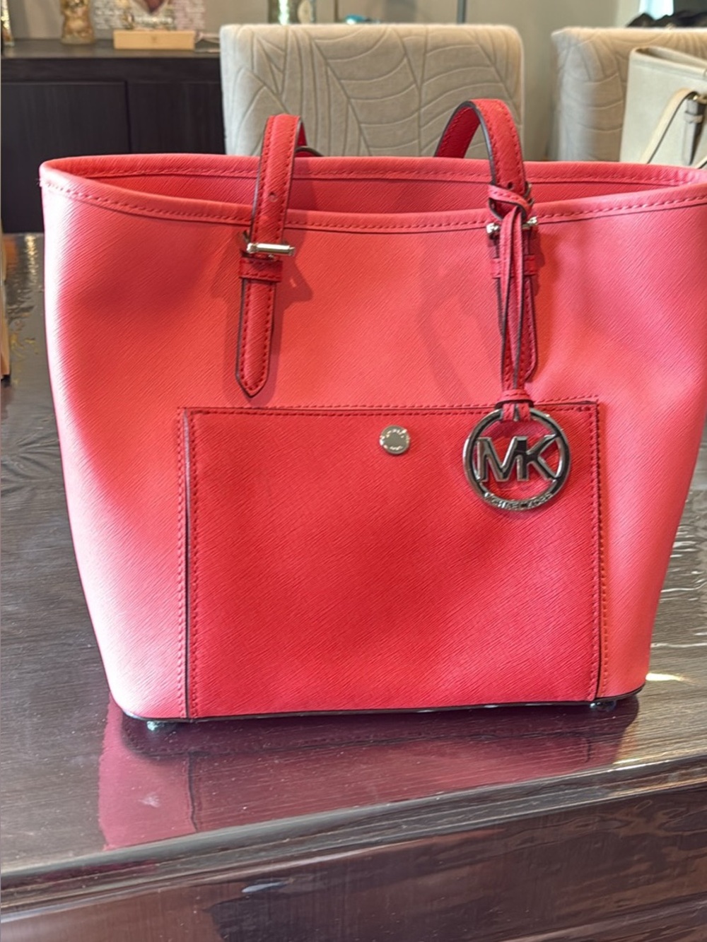 Michael Kors Coral-Red Leather Tote with MK Charm